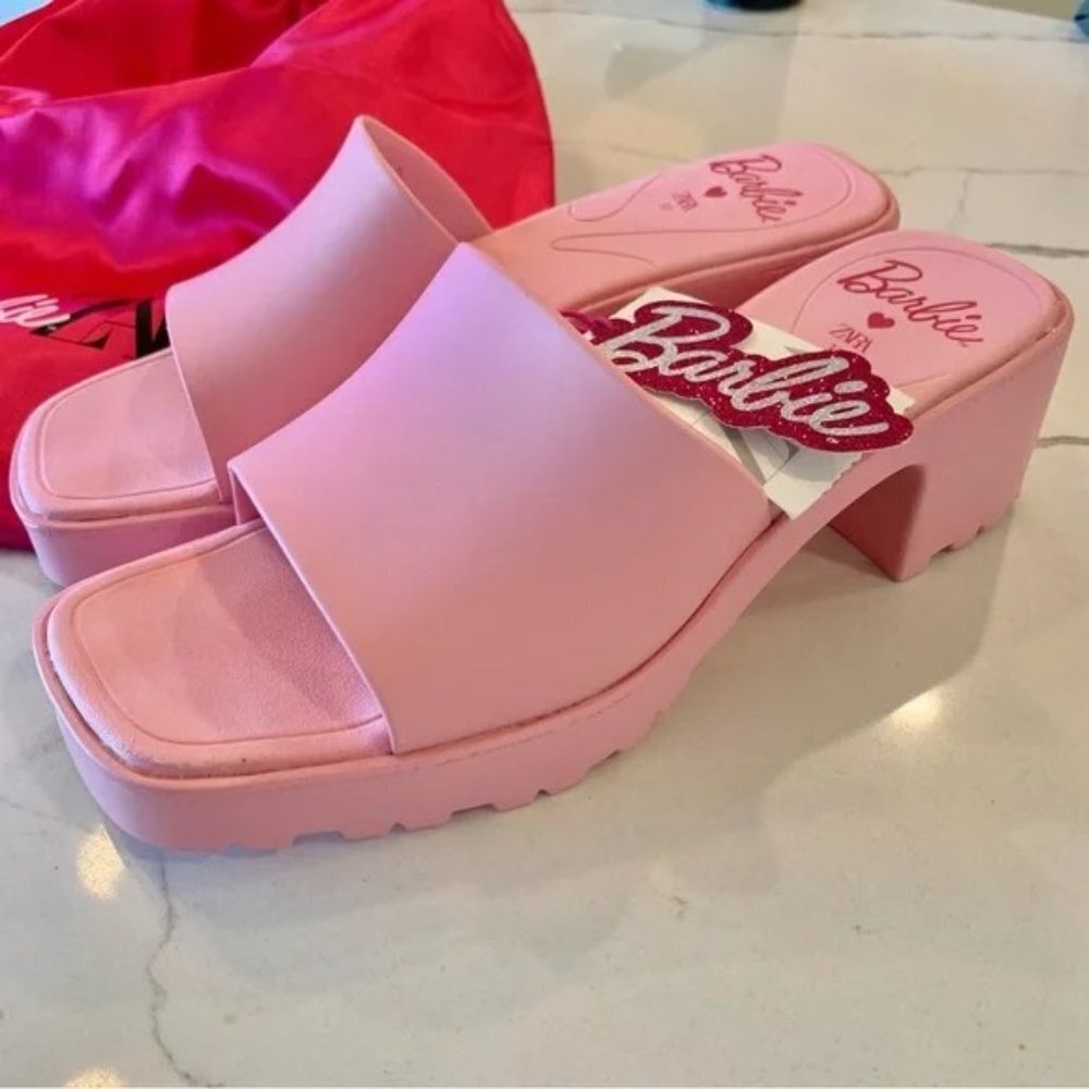 π Barbie x ZARA Pink Rubber Slides Heeled Sandals 6.5 37 - Picture 5 of 12